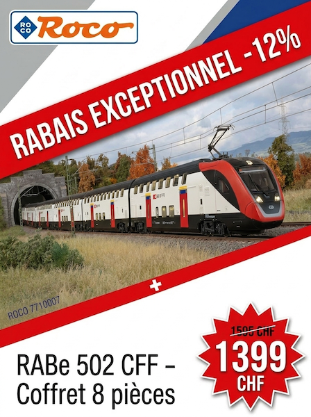 Roco : rabais -12 % sur le coffret RABe 502 CFF, 8 pièces. 1399 CHF au lieu de 1595 CHF. Visuel commun versions AC et DC.